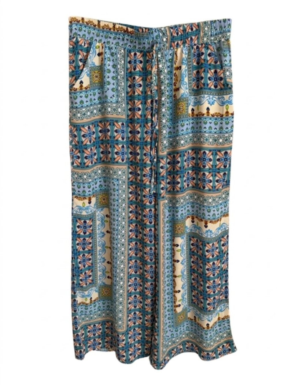 Umgee USA Wide Leg Palazzo Pants L Blue Boho Medallion Tile Print Coastal Flowy - Picture 2 of 14